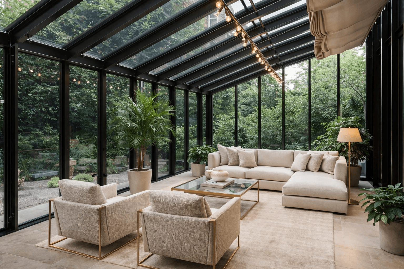 Bright sunroom-style living space with dining area, lush plants, and garden views.